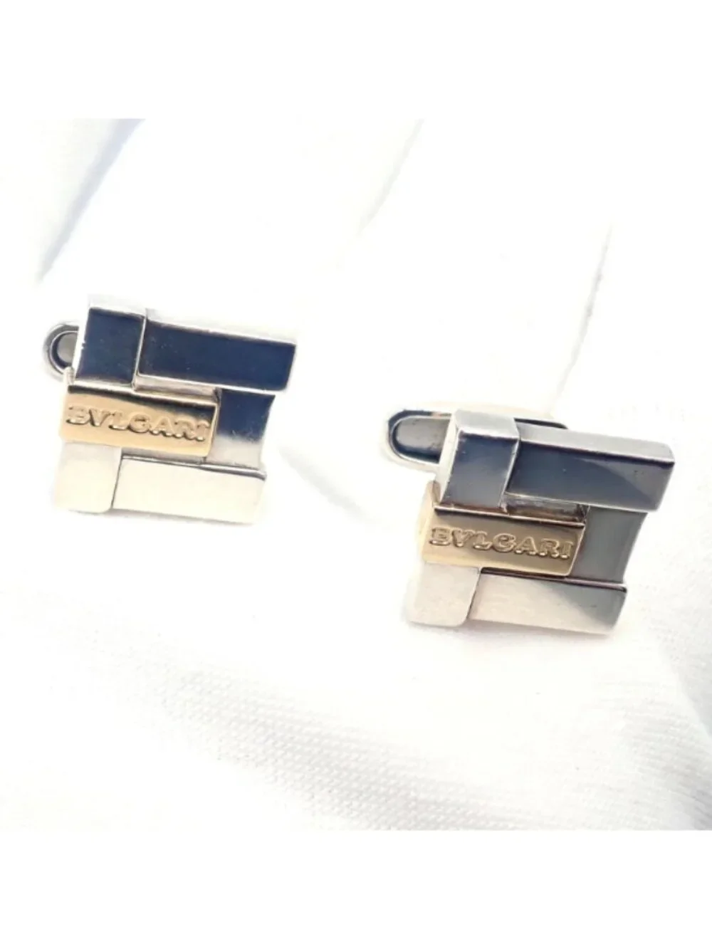 Authentic! Bulgari Bvlgari 18k Yellow Gold + Sterling Silver Square Cufflinks